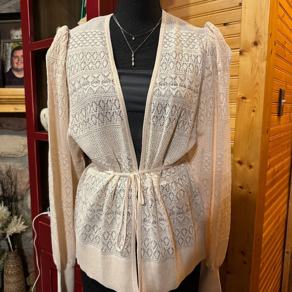 EXPRESS oversized balloon sleeve mixed stitch cardigan belted sweater top